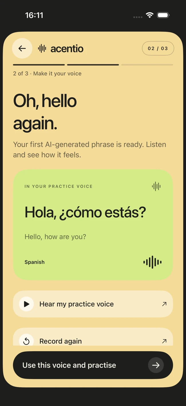 Preview a Spanish phrase in the generated practice voice and choose whether to use it